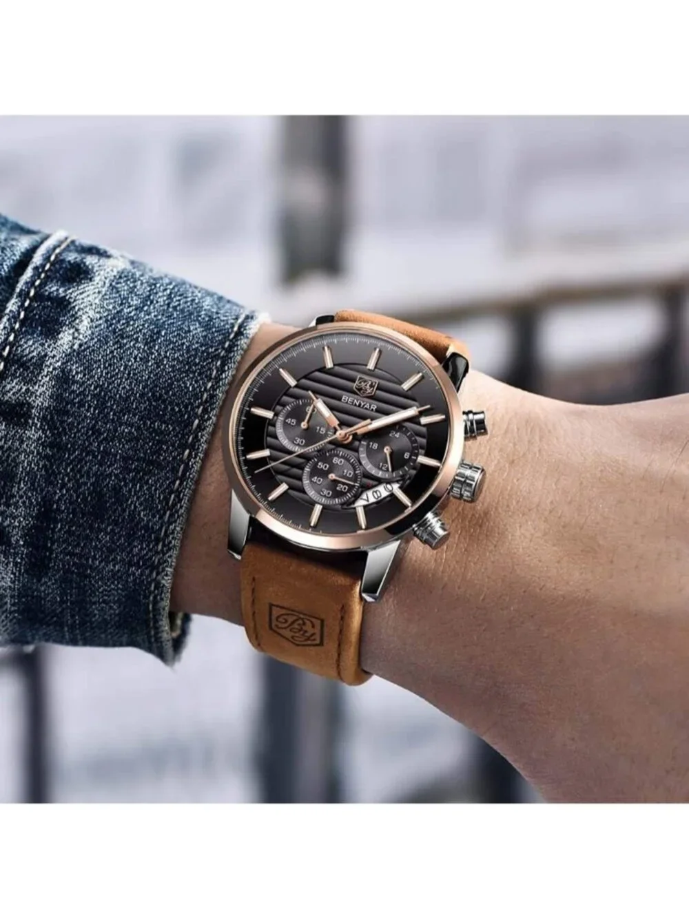 Men's Brown Gold Analog Quartz Leather Strap Chronograph Waterproof Wrist Watch